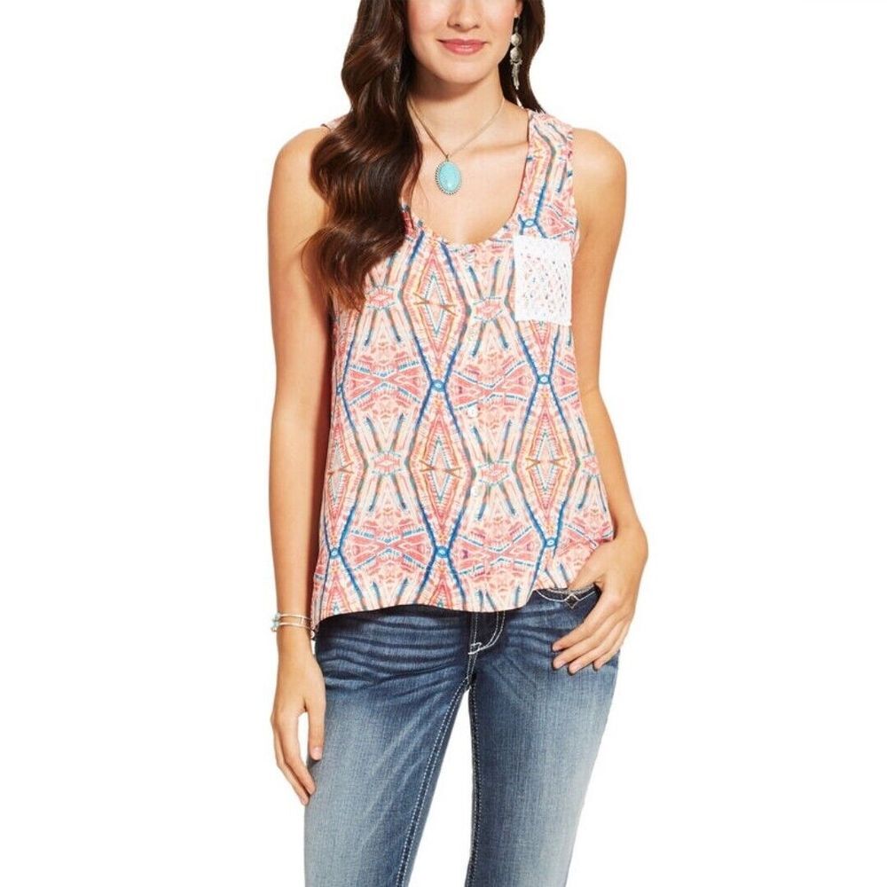 Ariat Marian Tank Top Blouse Semi Sheer Pocket Sleeveless Button Hi Low Hem XS